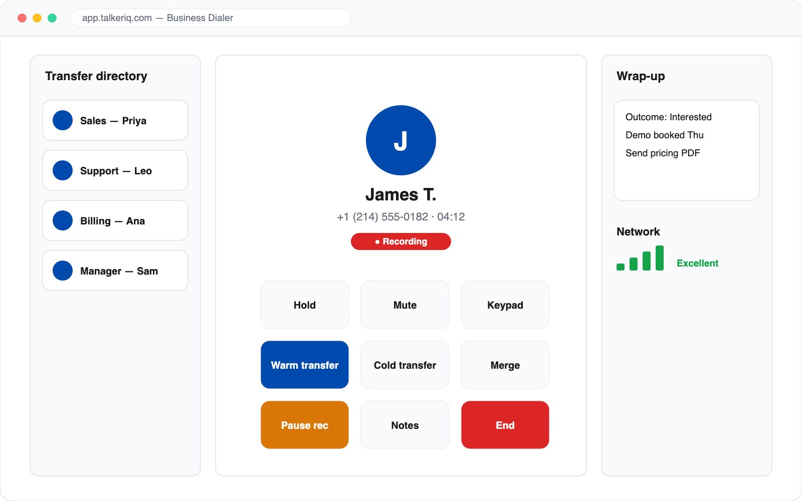 TalkerIQ Business Dialer in-call screen with hold, transfer, merge, and recording controls