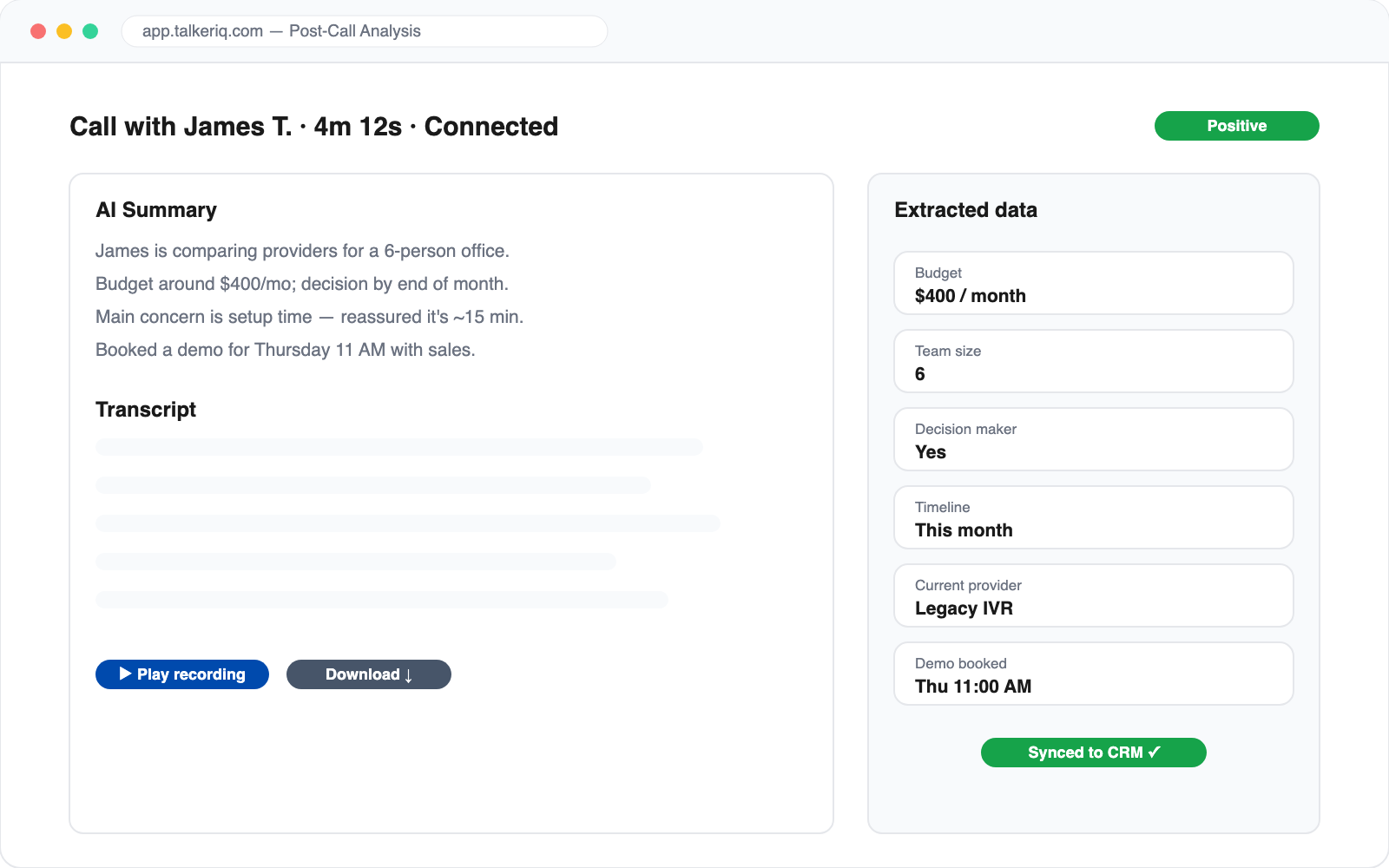 TalkerIQ post-call analysis showing extracted structured fields, sentiment, and call summary