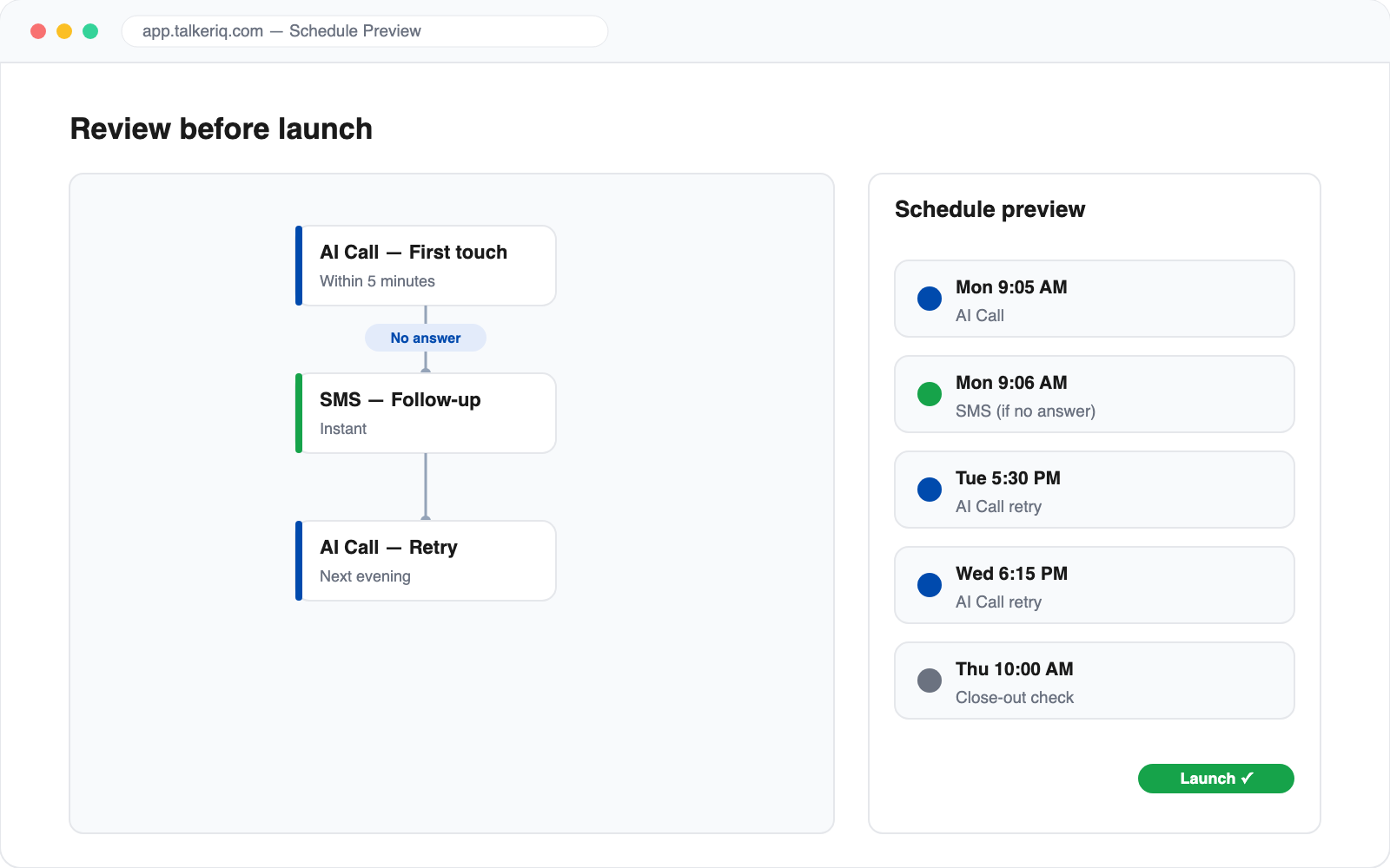 Reviewing a Spark-generated campaign flow with schedule preview before launch