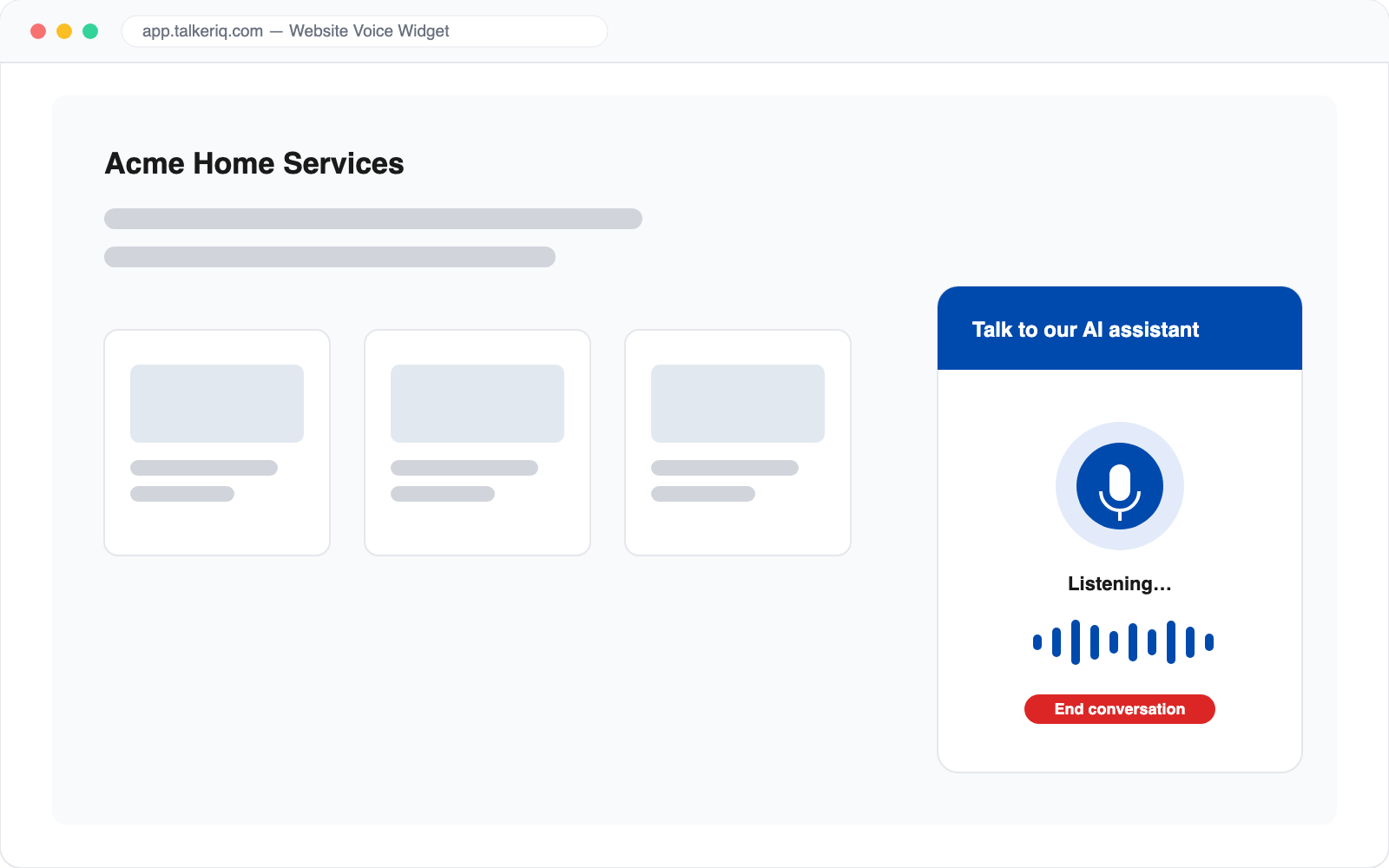 TalkerIQ website voice widget open on a business website with a live AI web call in progress